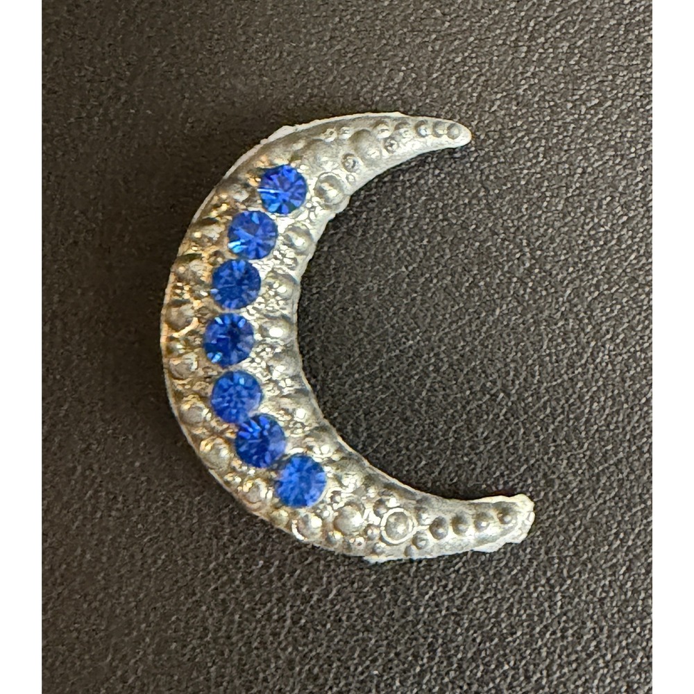 Vintage Pot Metal Brooch Crescent Moon Blue Rhinestone Celestial Pin Silver Tone